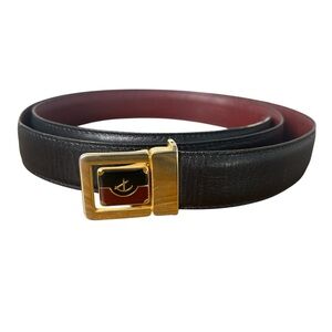 Vintage Italian Leather Belt Gold Buckle Enamel Logo Black Burgundy Italy